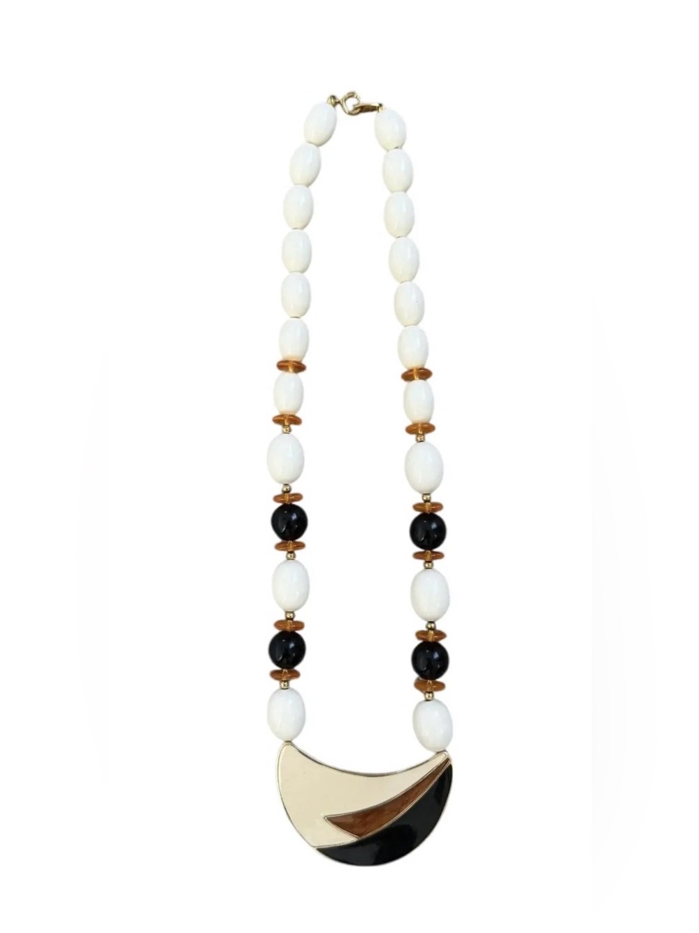 MCM Trifari Black, White and Gold Beaded Necklace with Gold Crescent